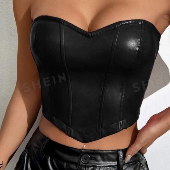 SHEIN BAE Hanky Hem PU Leather Tube Black Bodice Corsette Tube Top - Picture 1 of 13